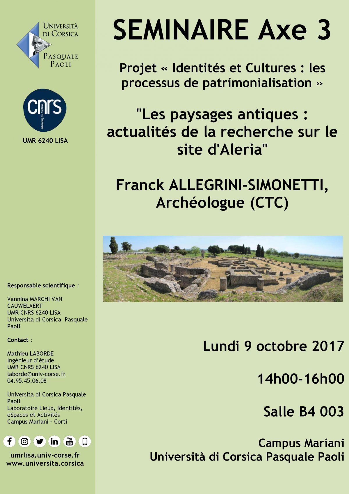 Séminaire « Les paysages antiques : actualités de la recherche sur le site d’Aleria »  Franck ALLEGRINI-SIMONETTI, Archéologue (CTC)