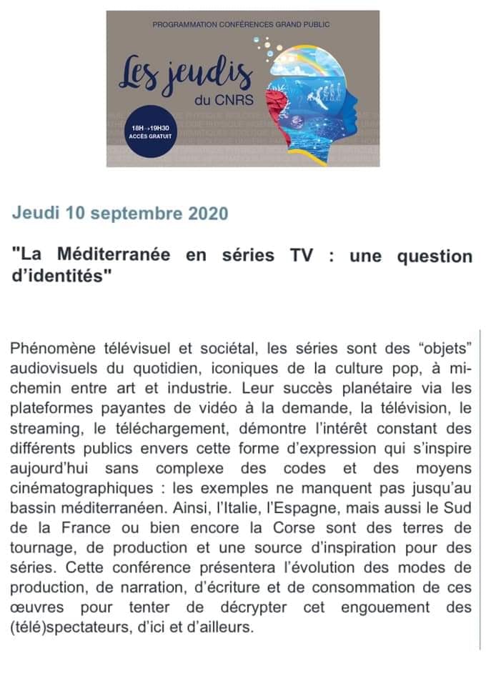 Les jeudis du CNRS : « La méditerranée en séries TV : une question d’identités »