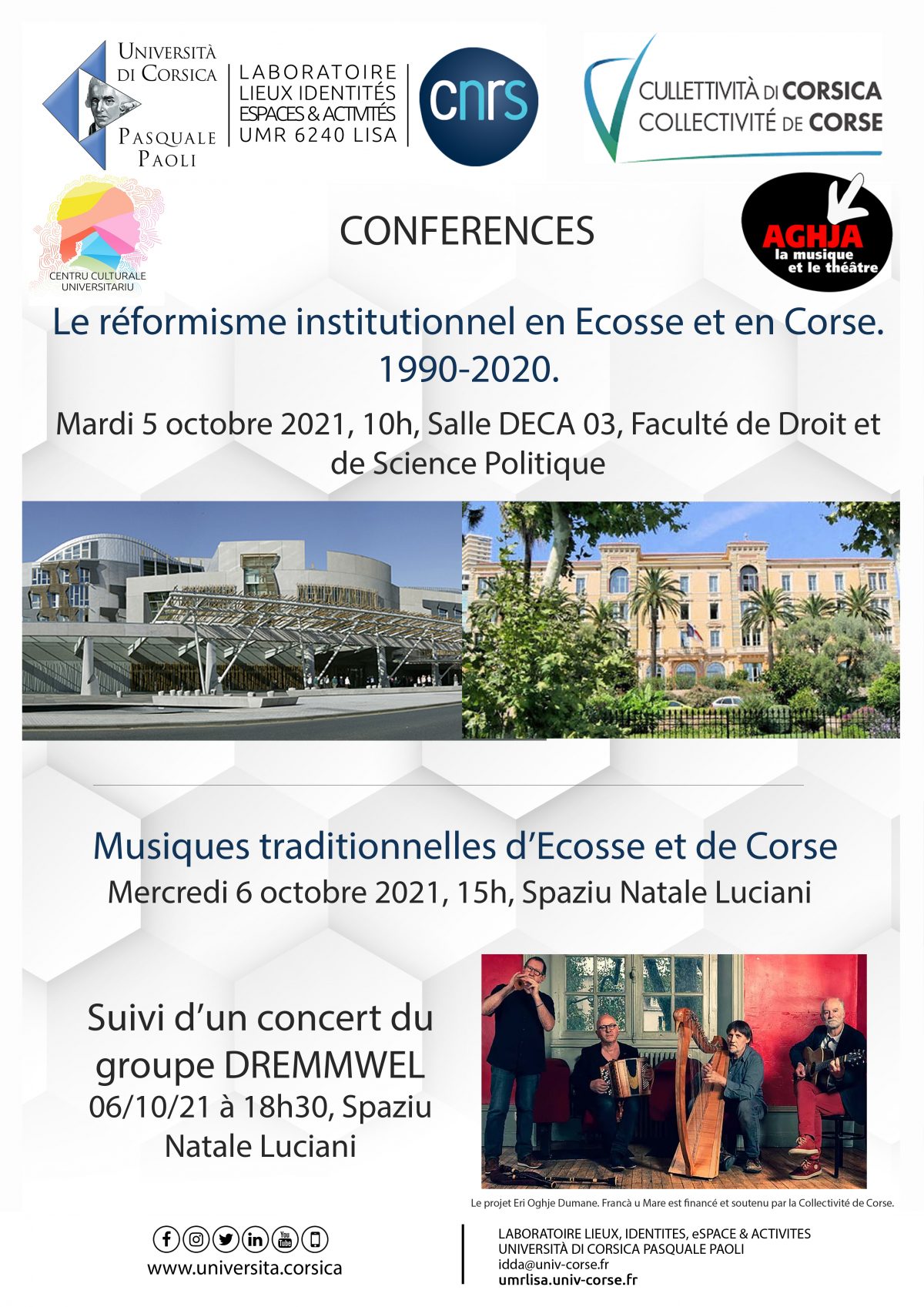 Conférences « Le réformisme institutionnel en Ecosse et en Corse 1990-2020 » — « Musiques traditionnelles de Corse et d’Écosse »
