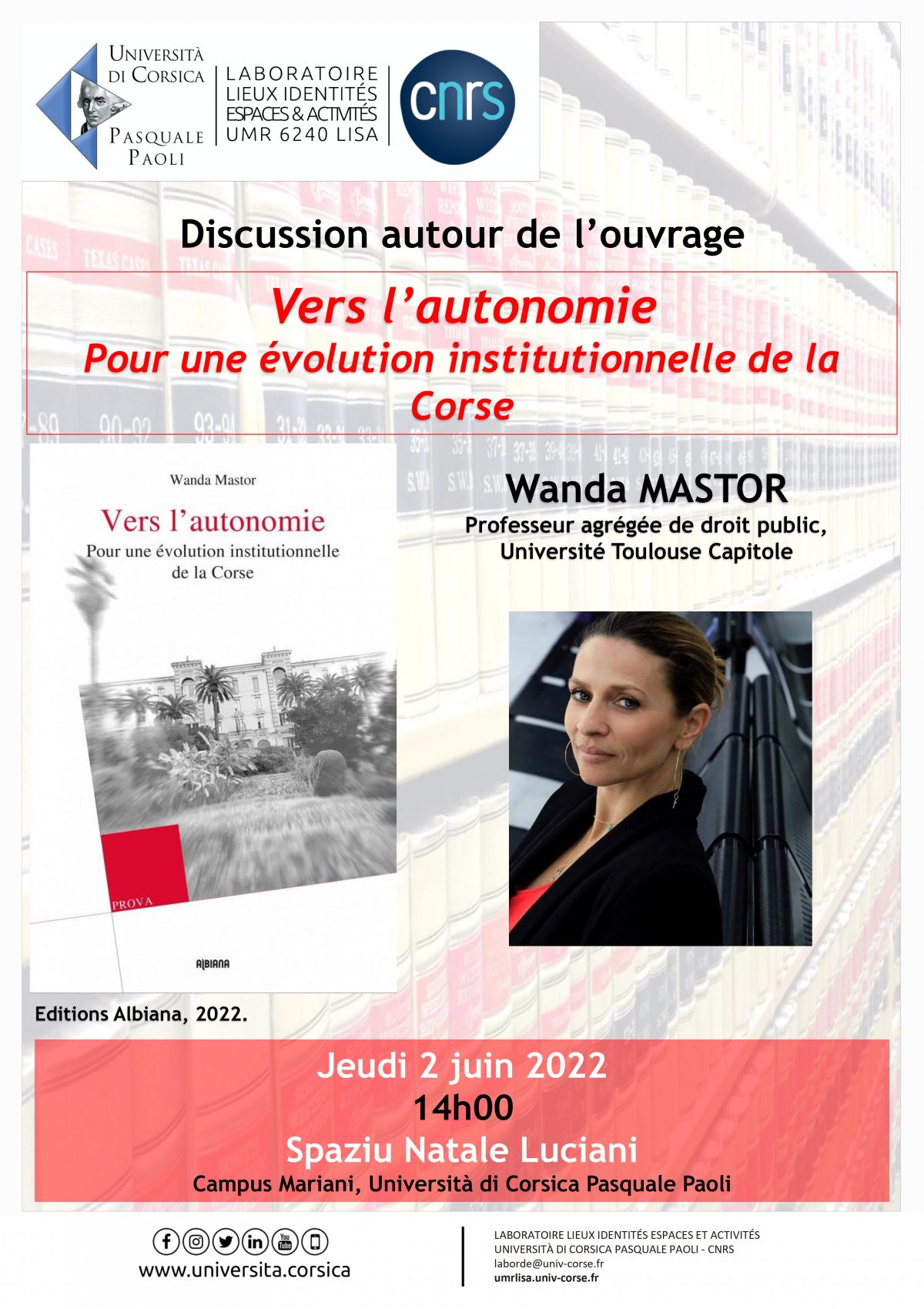 Discussion autour de l’ouvrage Vers l’autonomie Pour une évolution institutionnelle de la Corse – Wanda Mastor