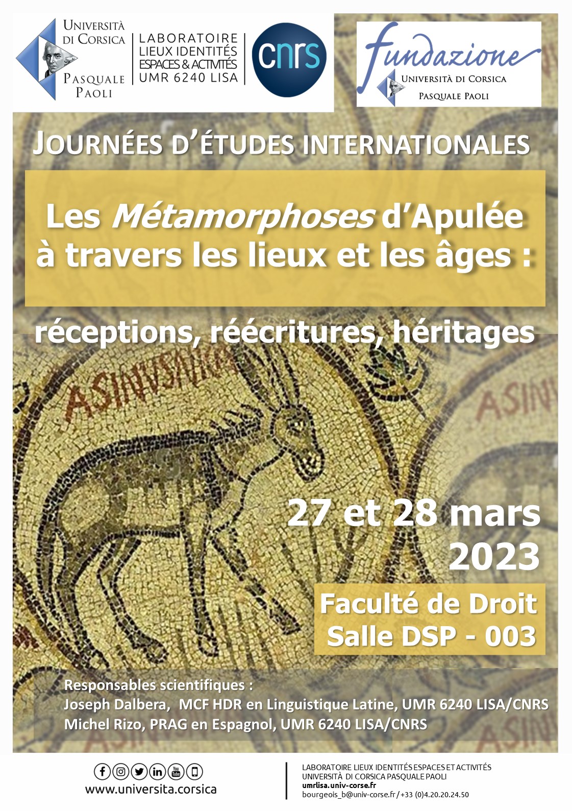Journées d’études internationales « Les Métamorphoses d’Apulée à travers les lieux et les âges : Réceptions, réécritures, héritages »